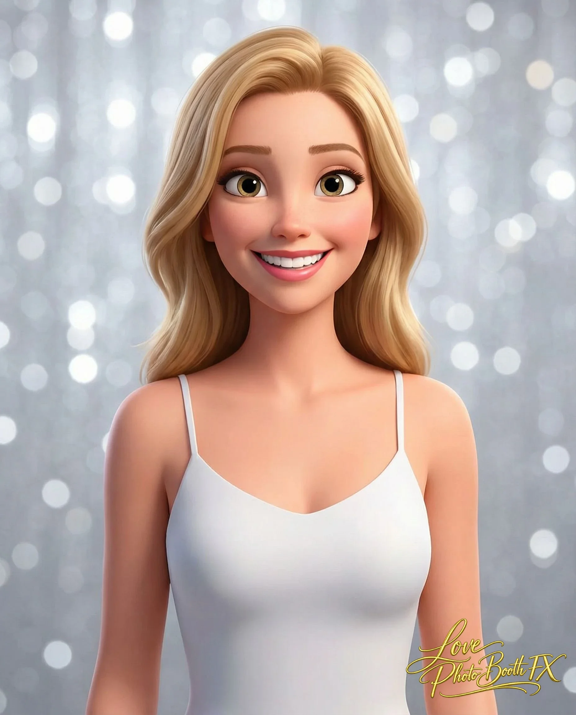 A smiling animated blonde woman with big green eyes, wearing a white spaghetti strap top, standing against a gray background with bokeh light effects.