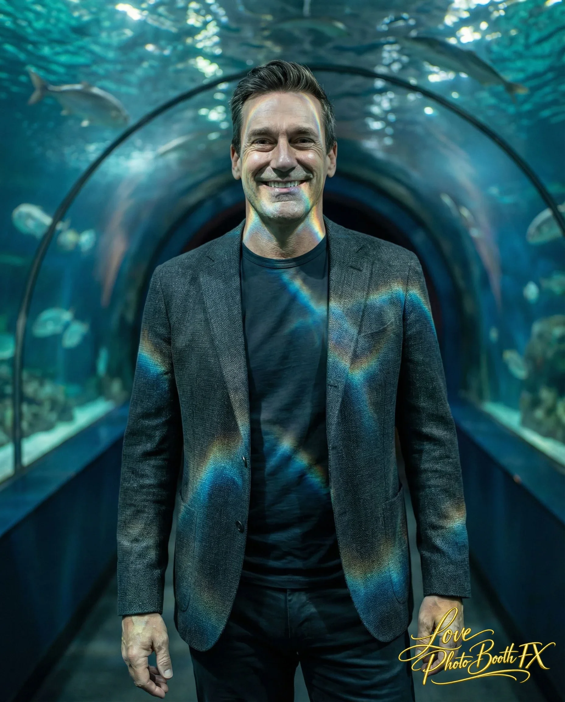 A man in a gray blazer and black t-shirt smiling while standing inside an underwater tunnel with fish swimming around.