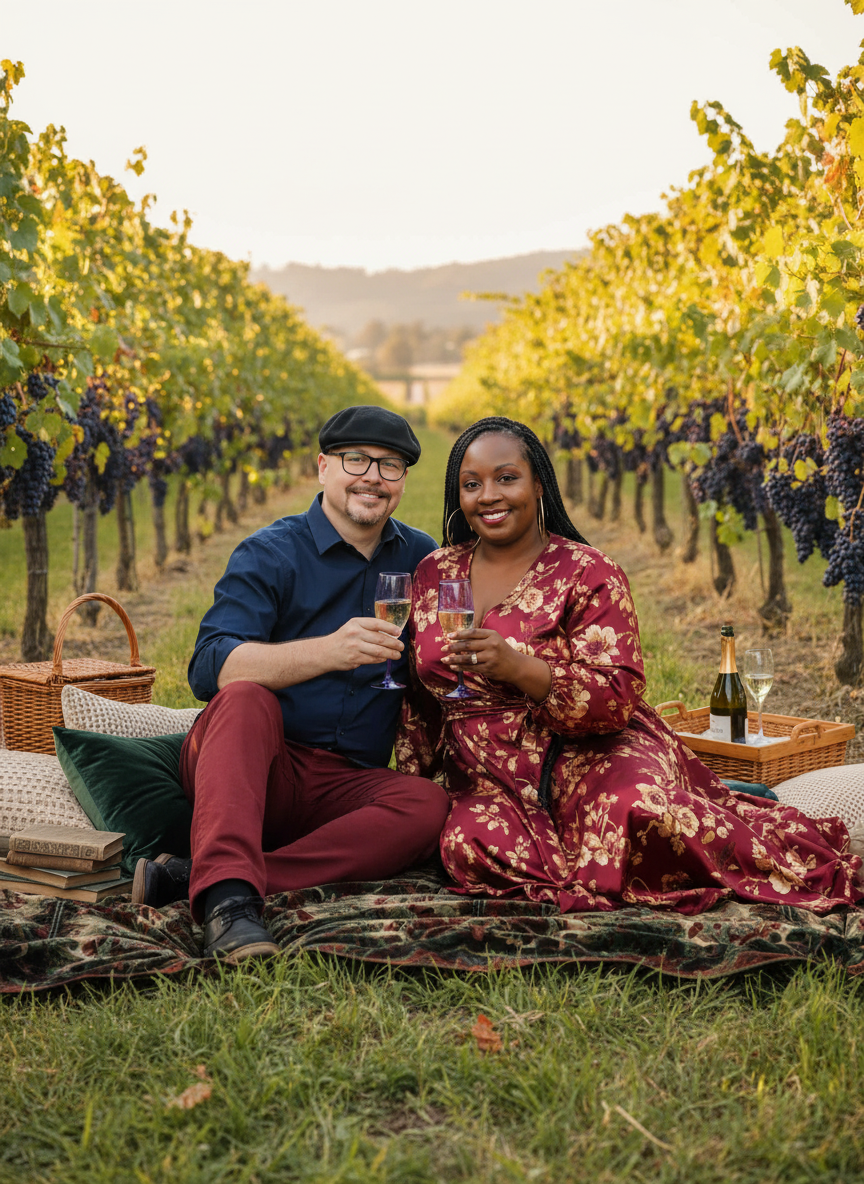 A couple enjoying a picnic in a vineyard, sitting on blankets with pillows, holding champagne glasses, with a basket, books, and a bottle of champagne nearby, surrounded by grapevines and rolling hills under a clear sky.