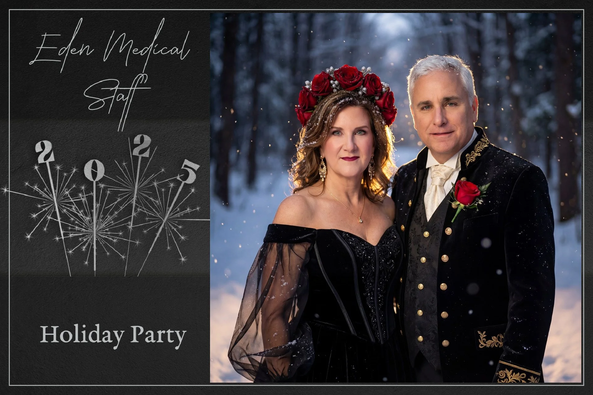 A man and woman dressed in festive, formal attire standing outdoors in a snow-covered forest during winter. The woman wears a black off-shoulder dress with sheer sleeves and a crown of red roses, while the man wears a black velvet jacket with gold em