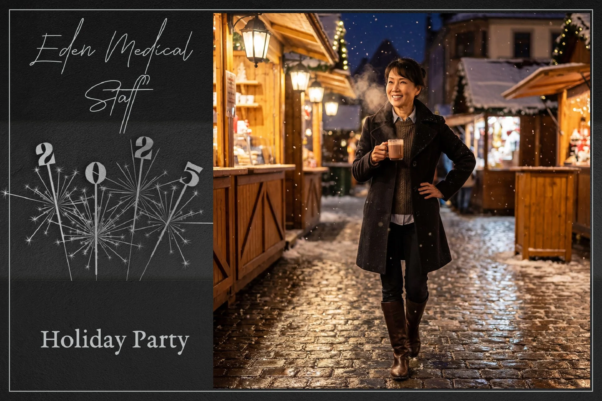 A woman smiling and holding a mug of hot chocolate at a winter holiday market with wooden stalls, snow, and festive lights at night.