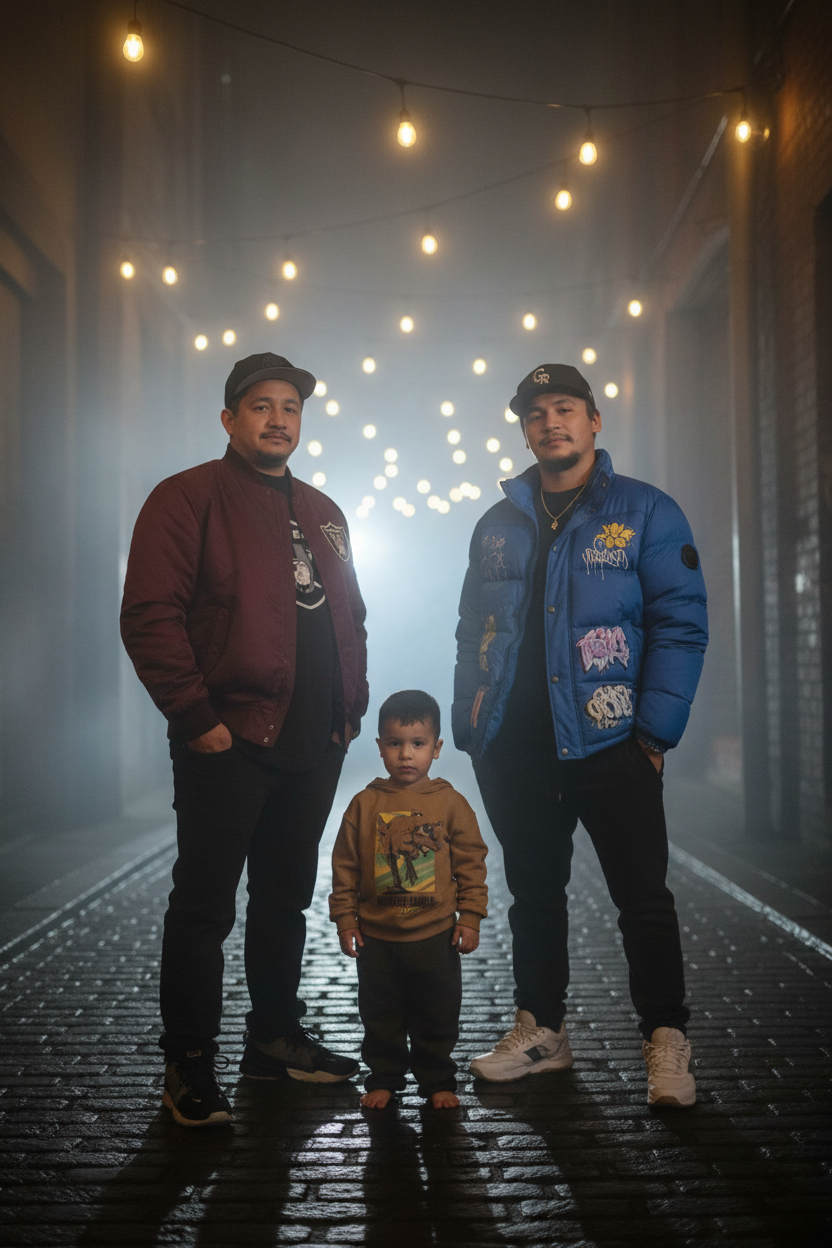 Two adult men and a young boy standing in an alley with hanging string lights and brick walls, with fog and a light source behind them.