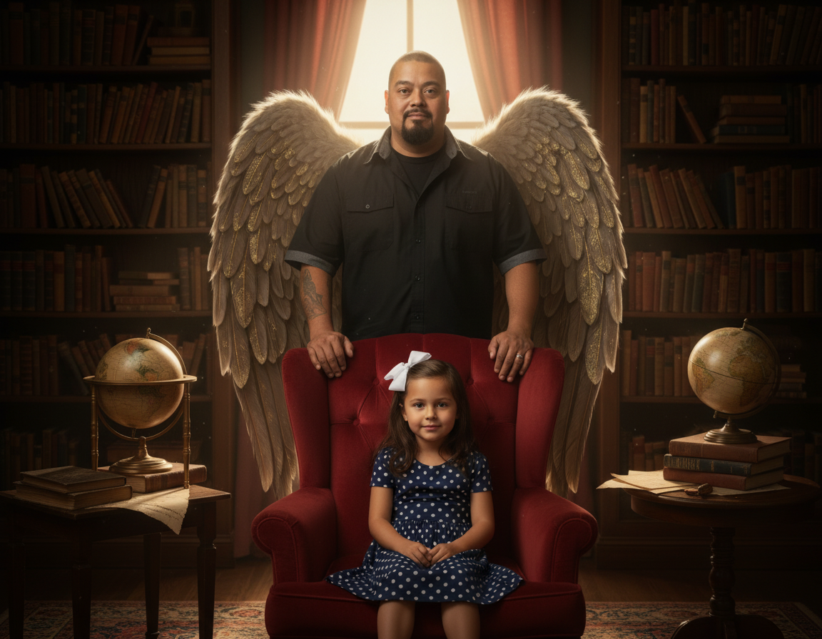A man with angel wings standing behind a young girl sitting in a red armchair, in a library setting with bookshelves and globes.