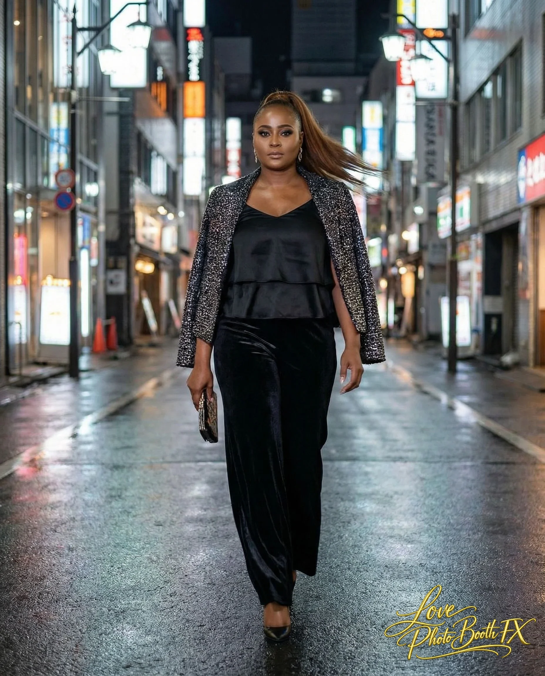 A woman walking in the city at night wearing black velvet pants, a black blouse, and a silver jacket, carrying a clutch purse, with illuminated signs and shops in the background.
