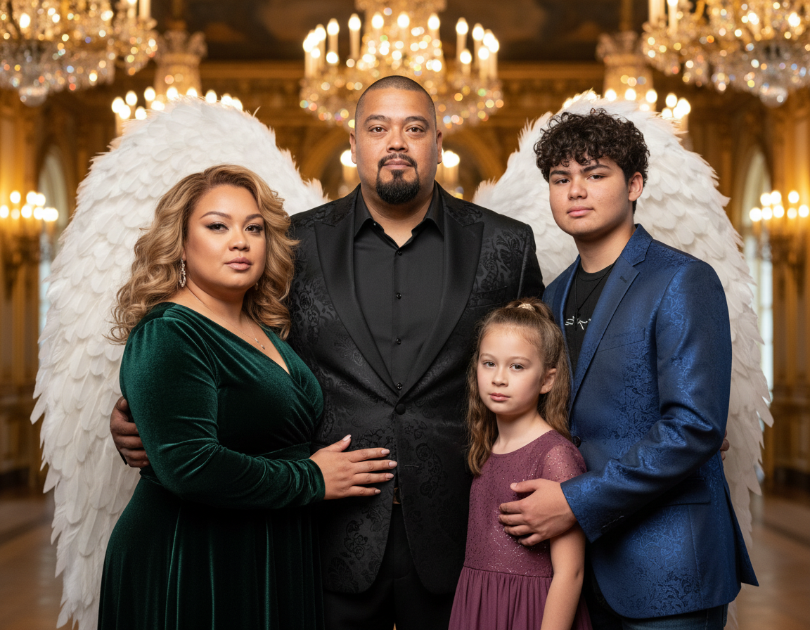 A family of four with large angel wings standing in a grand hall with chandeliers, dressed in formal evening wear.