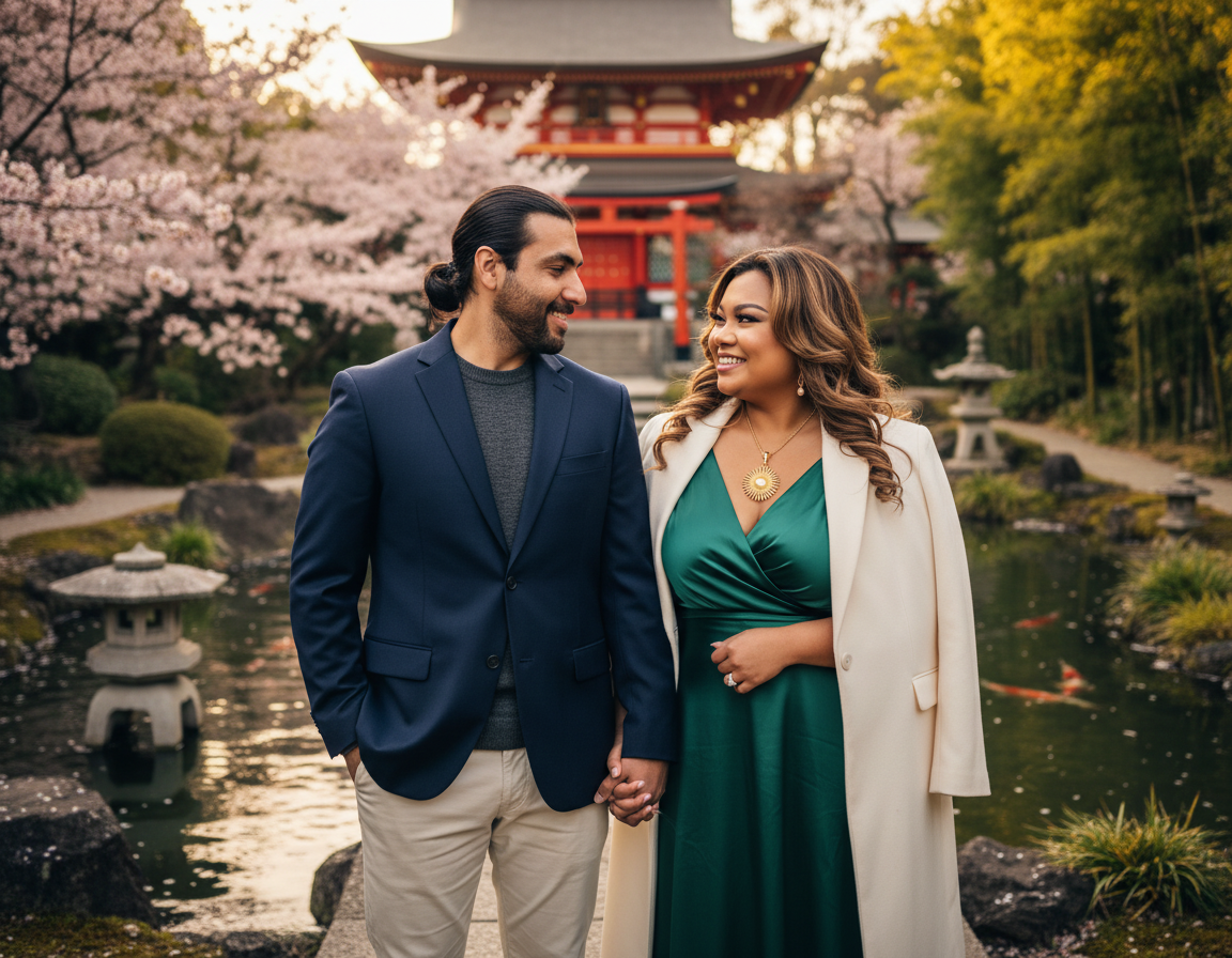 A couple holding hands and smiling at each other in a Japanese garden with a pond, cherry blossoms, and a traditional pagoda in the background.