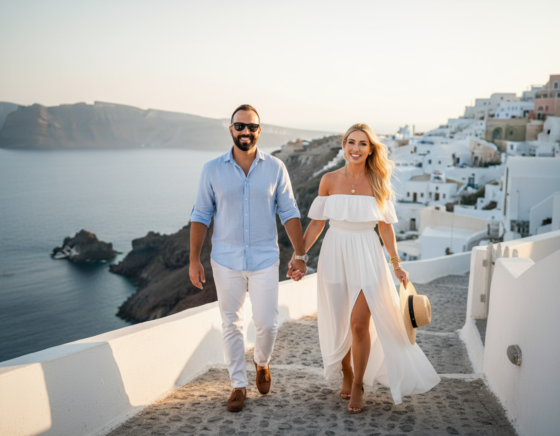 A couple holding hands and walking along a white-walled pathway in a Mediterranean coastal town with white buildings and a view of the sea.