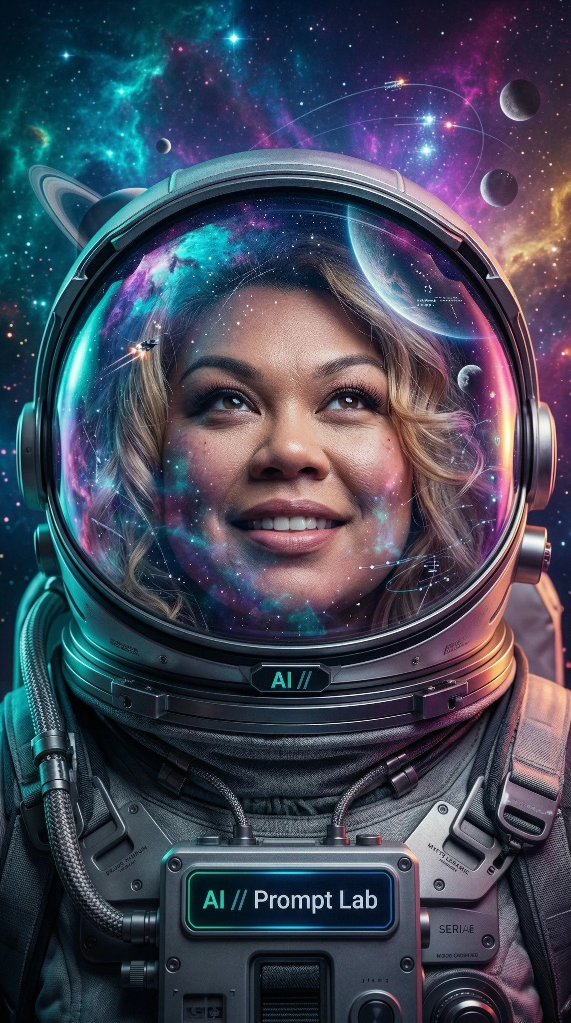 A smiling woman wearing a space helmet inside a spaceship, with colorful nebulae and planets visible through the helmet's glass.