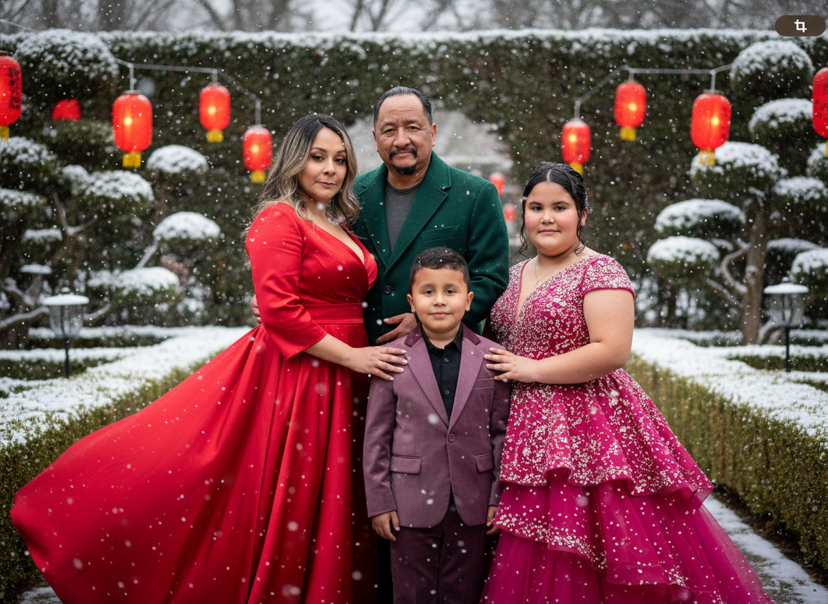 A family of five standing outdoors in a snowy garden decorated with red lanterns. The family includes a woman in a long red dress, a man in a green coat, a young girl in a pink dress with glitter, and a young boy in a purple suit. Snow is falling gen