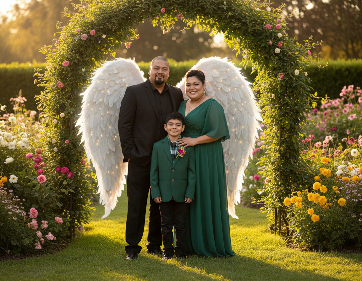 Family photo outdoors with a man, woman, and young boy standing under a pink and white flower arch, the woman with large angel wings, surrounded by colorful flowers and greenery, during sunset.