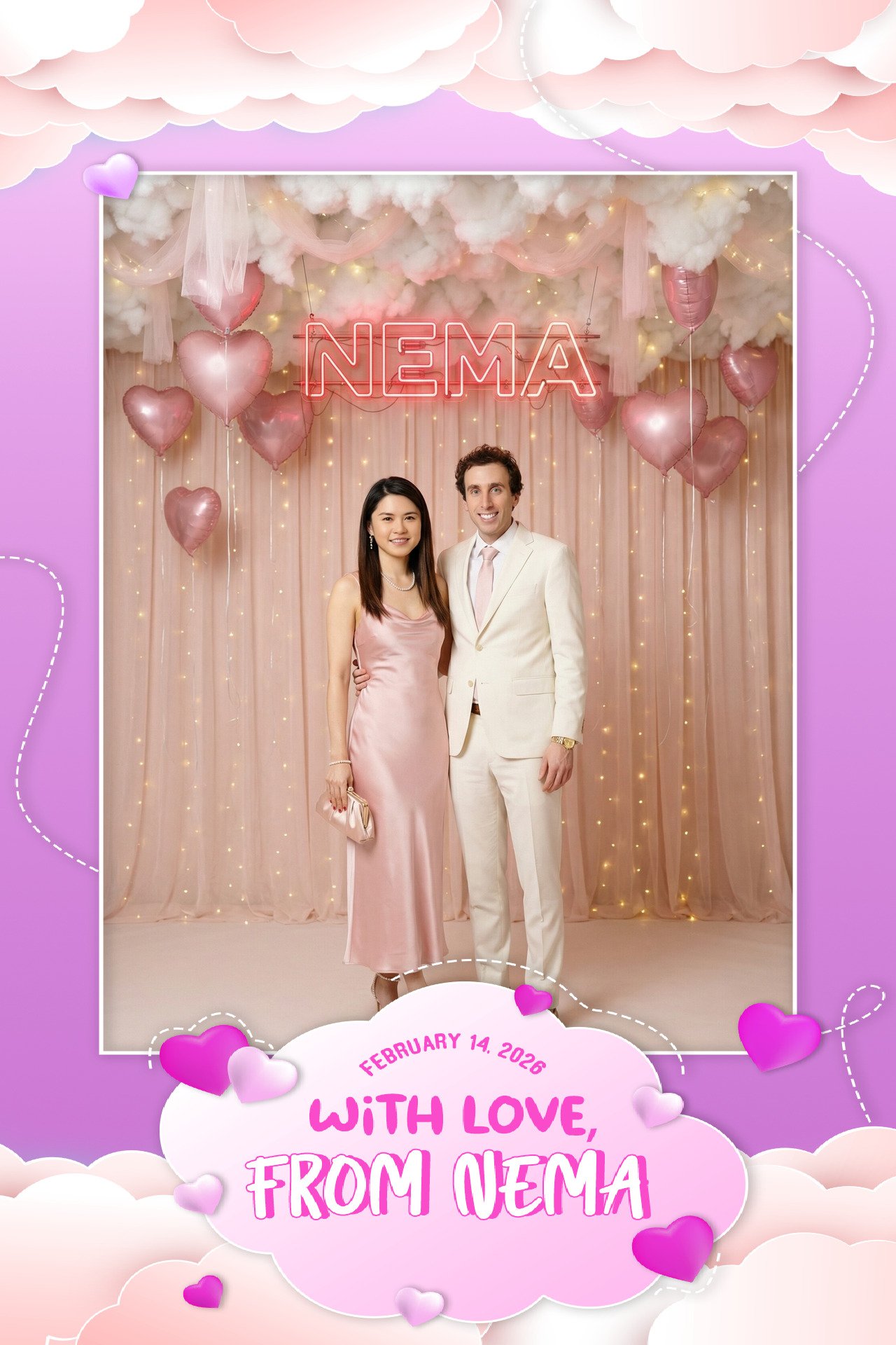 A couple standing together in front of a pink cloud-themed backdrop decorated with heart-shaped balloons and fairy lights, with a neon sign reading 'NEMA' behind them. The woman wears a pink satin dress and holds a clutch, while the man is dressed in