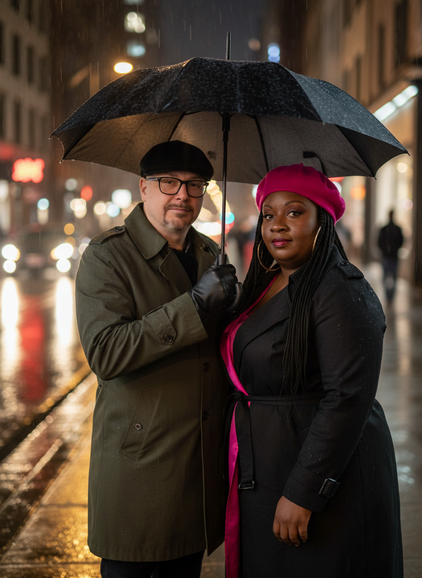 A man and woman stand on a rainy city street at night, sharing an umbrella. The man is wearing glasses, a black cap, a green trench coat, and black gloves. The woman is wearing a bright pink beret and a black coat with a pink scarf. They are looking