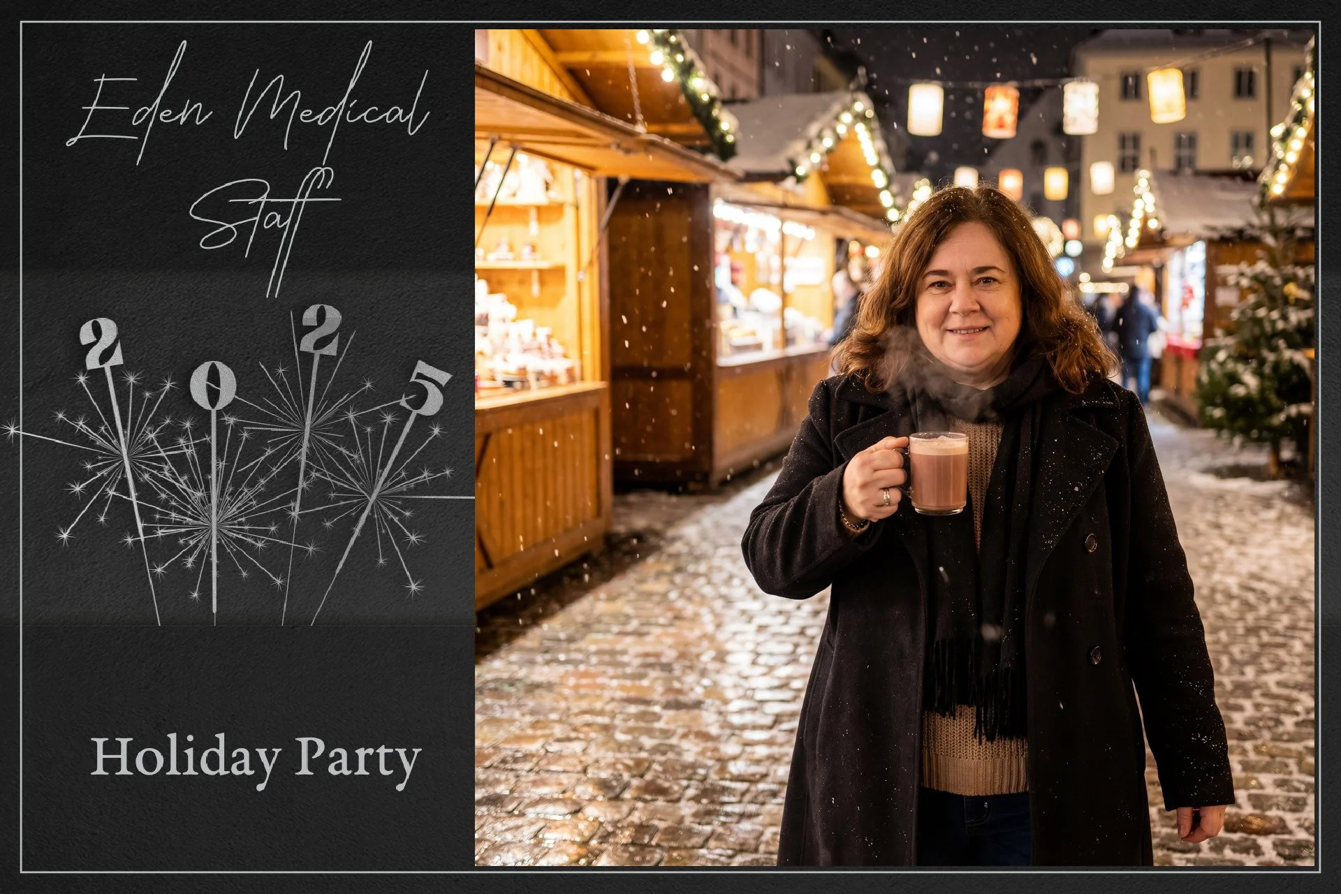 A woman smiling at a holiday market holding a mug of hot chocolate, with decorated wooden stalls and festive lights in the background, and a snowy cobblestone path under her feet.