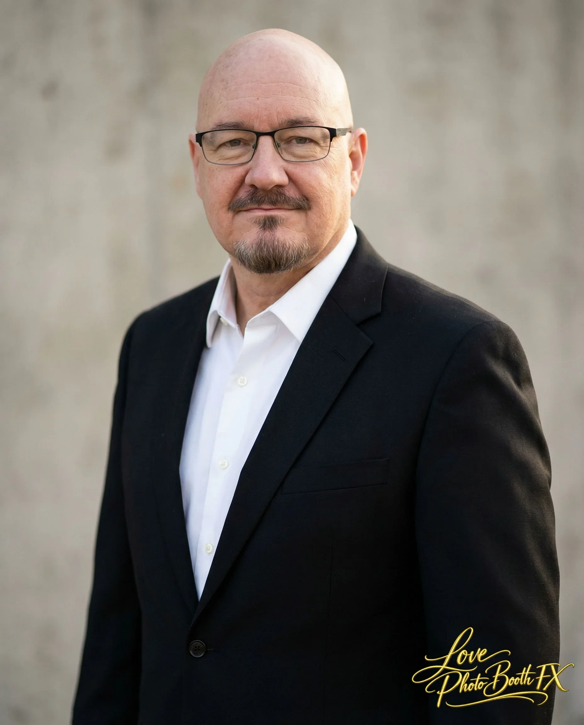 A man with glasses and a goatee wearing a black suit jacket over a white shirt, standing outdoors against a plain wall.