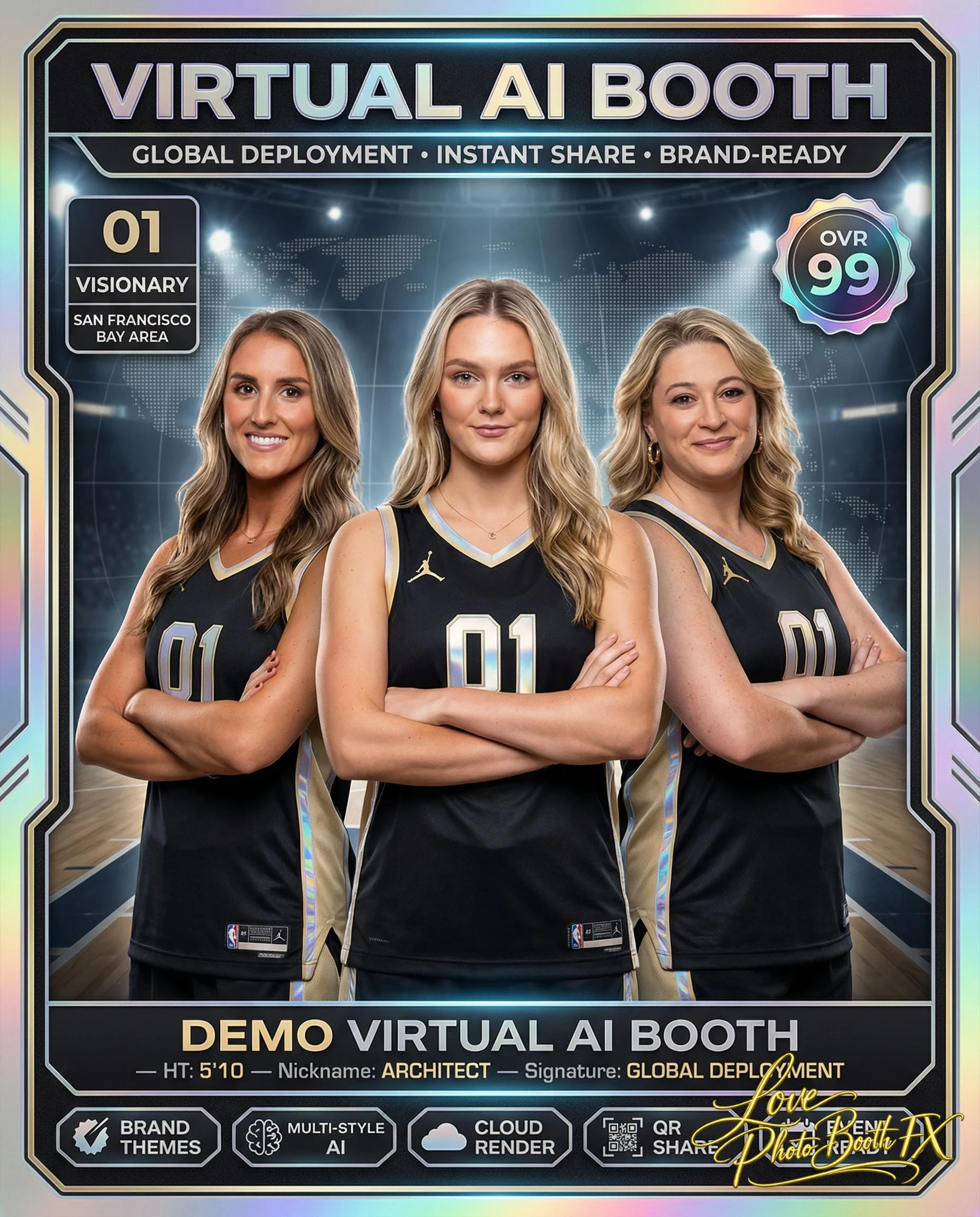 Three women in black and gold basketball uniforms with the number 01, standing with arms crossed in front of a digital background with a world map and space-like effects. The image promotes a virtual AI booth for global deployment.