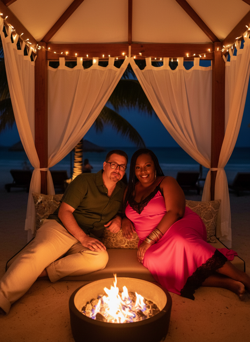 A man and a woman sitting on a cushioned outdoor lounge under a wooden cabana with white curtains and string lights at night. They are near a fire pit, and the beach and palm trees are visible in the background.