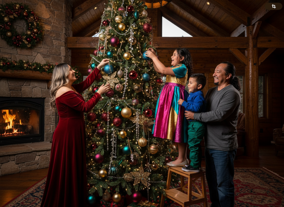 Family decorating a Christmas tree in a cozy, wood-paneled living room with a stone fireplace.