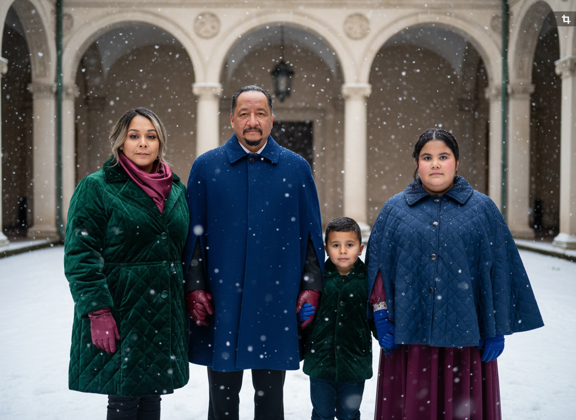 Family standing outdoors in snow, posing in front of a historic building with columns