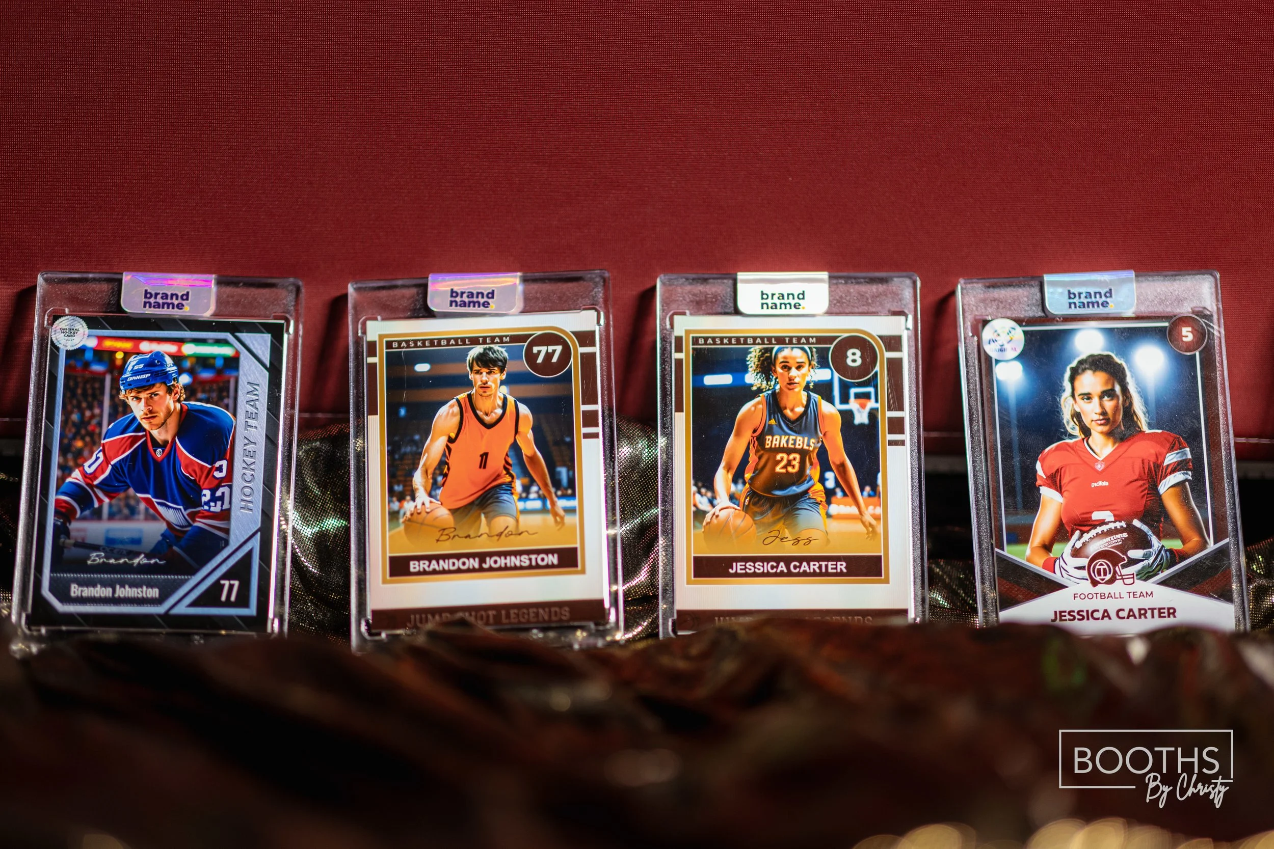 Four collectible sports trading cards displayed in protective cases, featuring athletes Brandon Johnston, Brandon Johnston, Jessica Carter, and Jessica Carter, with some cards signed and numbered, set against a red background.