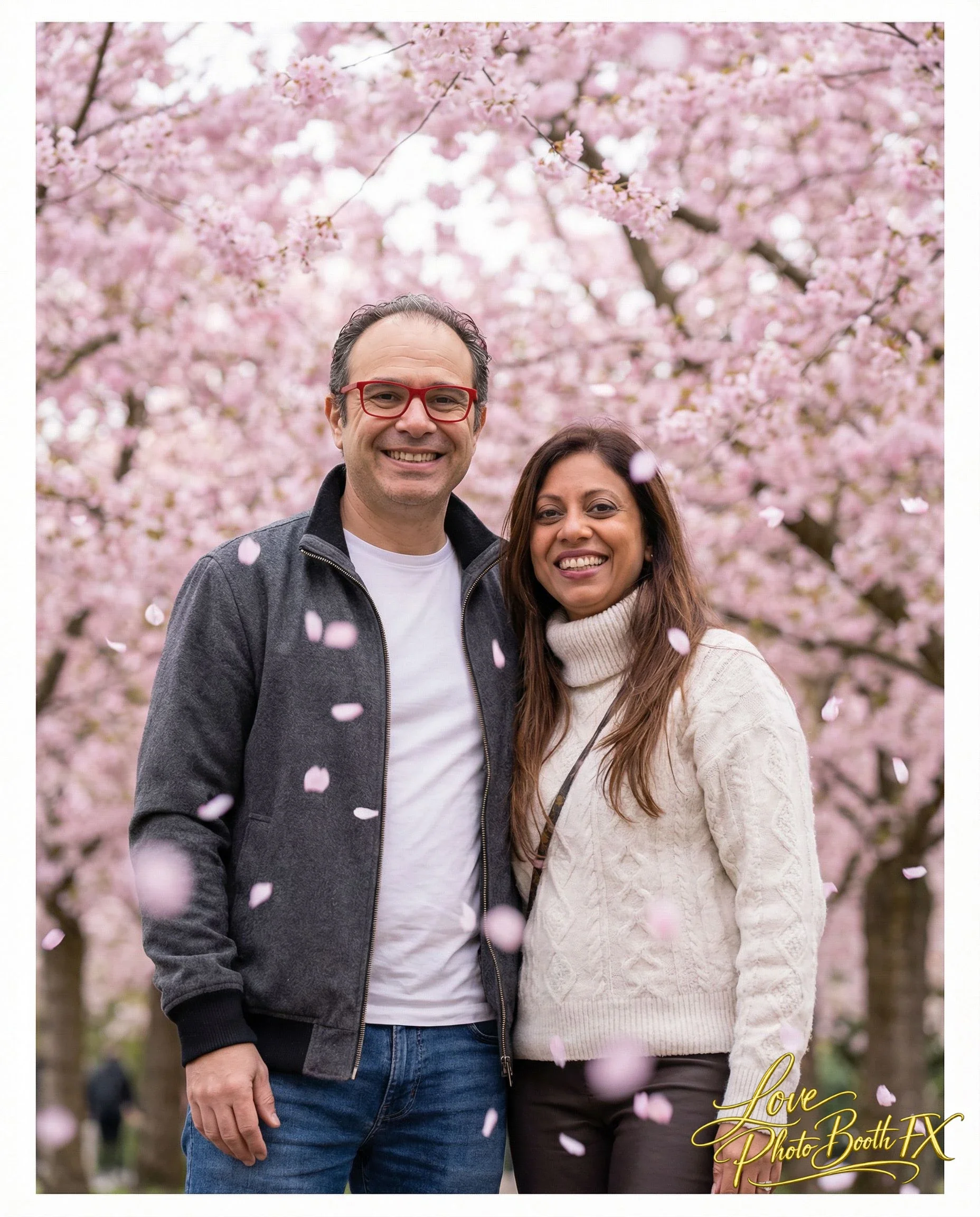 A smiling man and woman standing close together outdoors in front of pink cherry blossom trees, with falling petals around them.