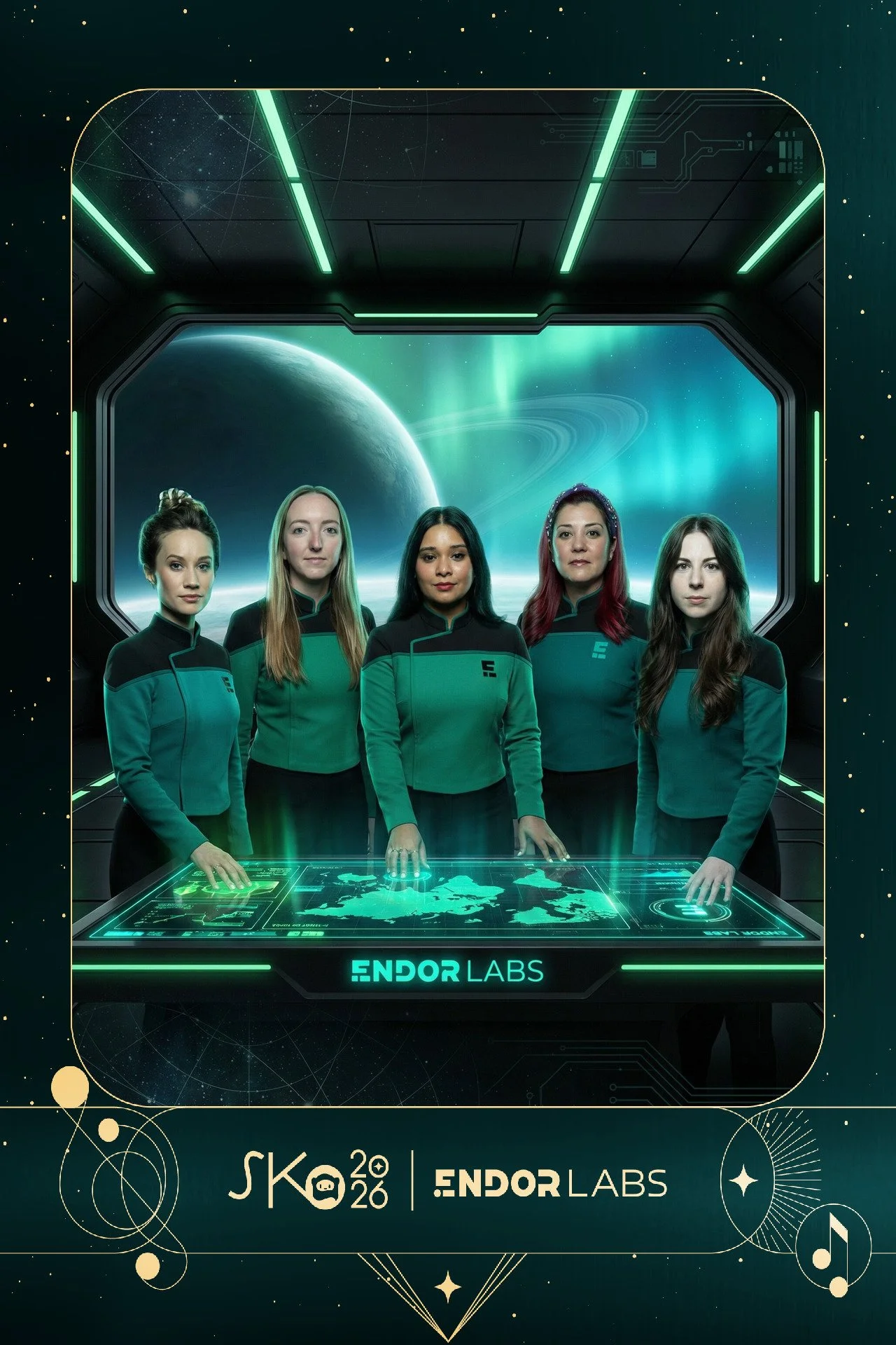 Five women in futuristic uniforms standing in a spaceship control room with a view of space and planets outside the window. The control table displays a digital map of Earth. 