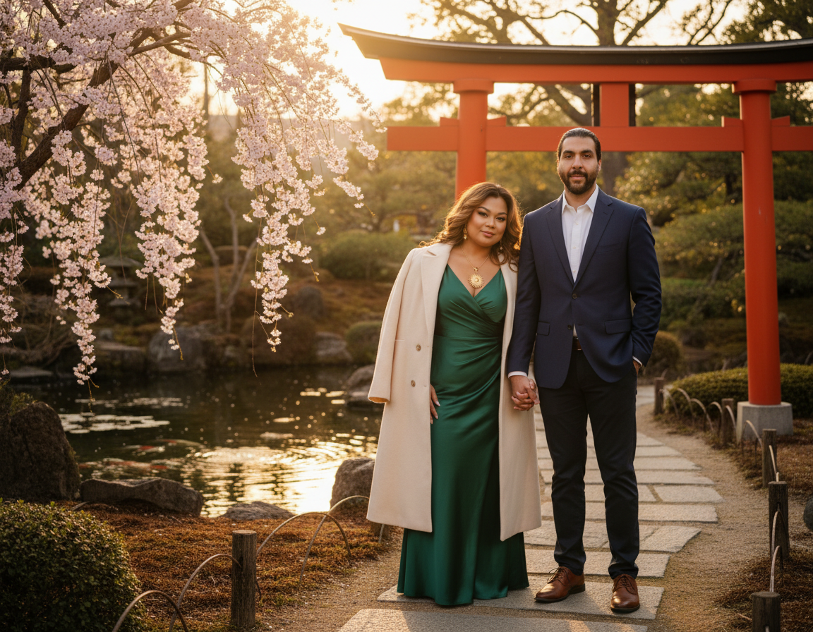A couple holding hands stands on a stone-paved path at a Japanese garden during sunset. Behind them is a red torii gate and a pond with blooming cherry blossom trees.