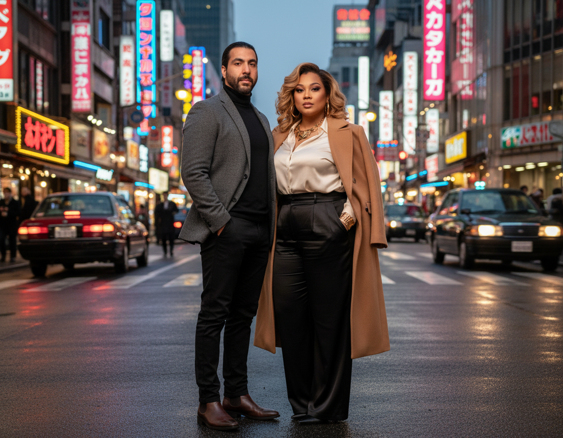 A man and woman standing on a busy city street at dusk, dressed in stylish business attire, with neon signs and cars in the background.