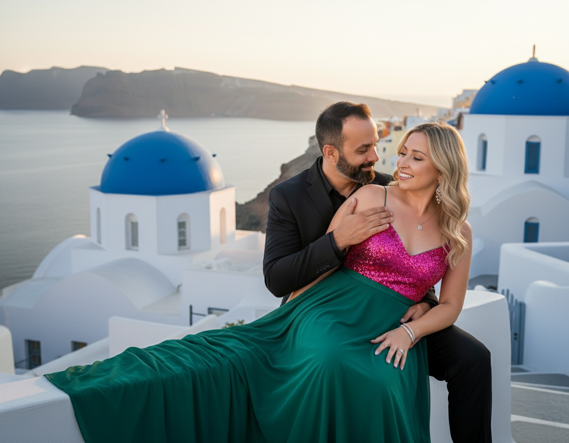 A couple dressed elegantly sitting on a ledge with a backdrop of white buildings with blue domes in Santorini, Greece, during sunset.