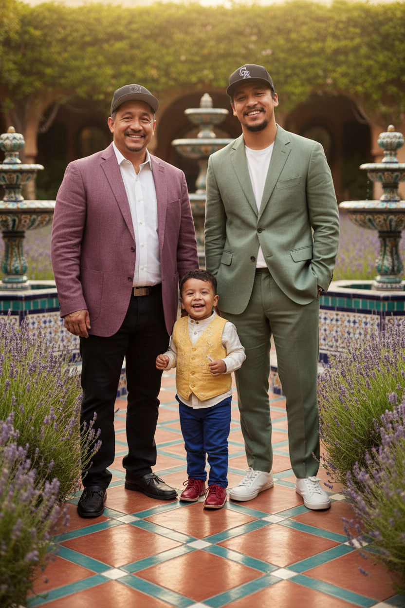 A family of three, two men and a young boy, standing in front of a fountain in a garden with purple flowers. The men are wearing suits and baseball caps, and the boy is dressed in a vest, shirt, and pants, all smiling.