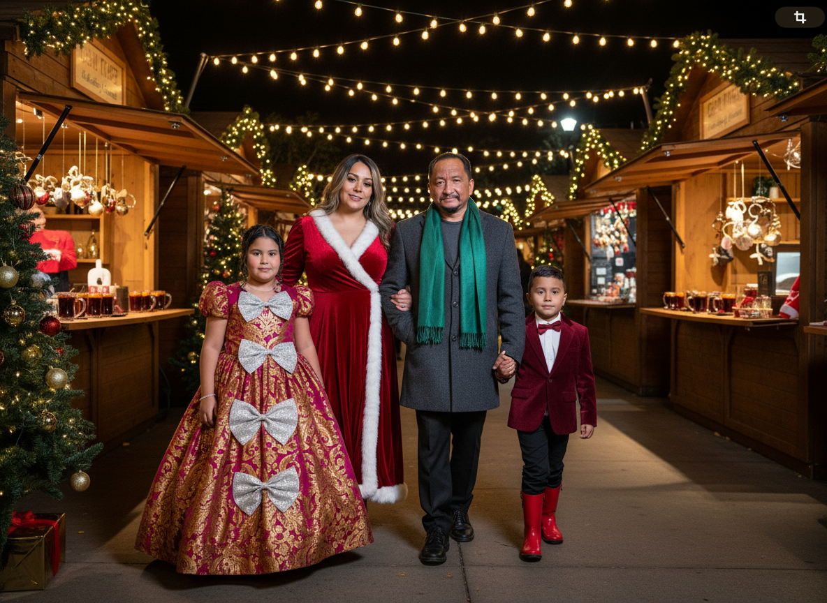 A family of four walking through a Christmas market decorated with string lights and trees. The mother is dressed as Mrs. Claus, the father is wearing a scarf and coat, the daughter in a gown with bows, and the son in a red blazer and rain boots.