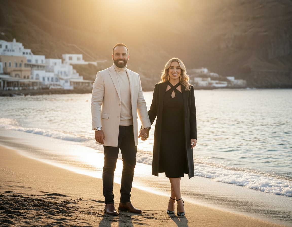 A couple holding hands on a beach at sunset, with white buildings on a hillside in the background.