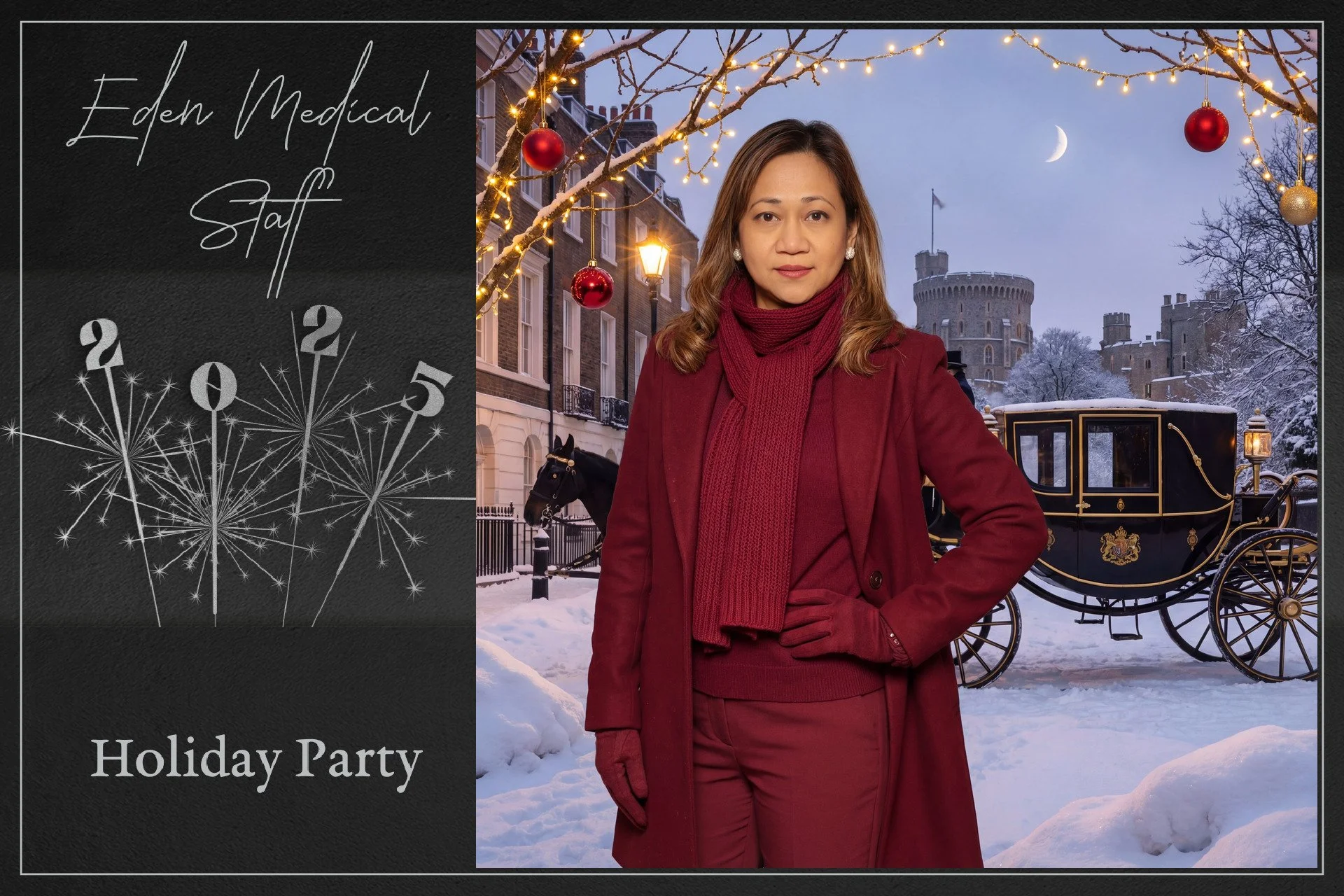 A woman standing outdoors in front of a snow-covered scene with a historic castle and a carriage, wearing a burgundy coat, scarf, and gloves, with holiday decorations and lights hanging on trees. The left side of the image features text that says "Ed