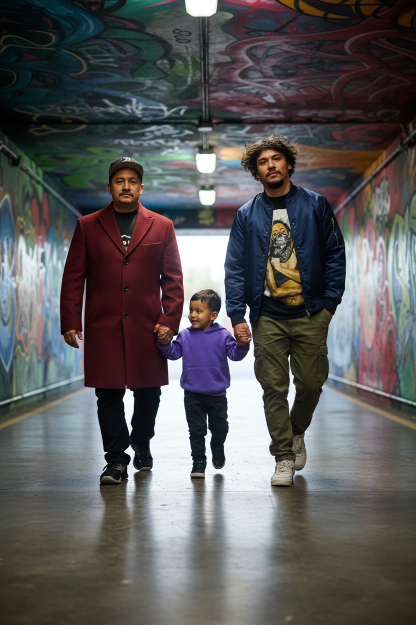 A man in a maroon coat, a young boy in a purple hoodie, and a man in a blue jacket walking hand in hand through a graffiti-covered underpass.
