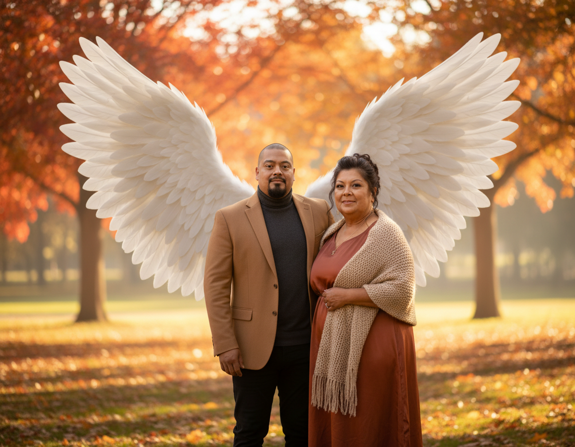 A man and woman standing outdoors in a park during fall with large angel wings digitally added behind them.