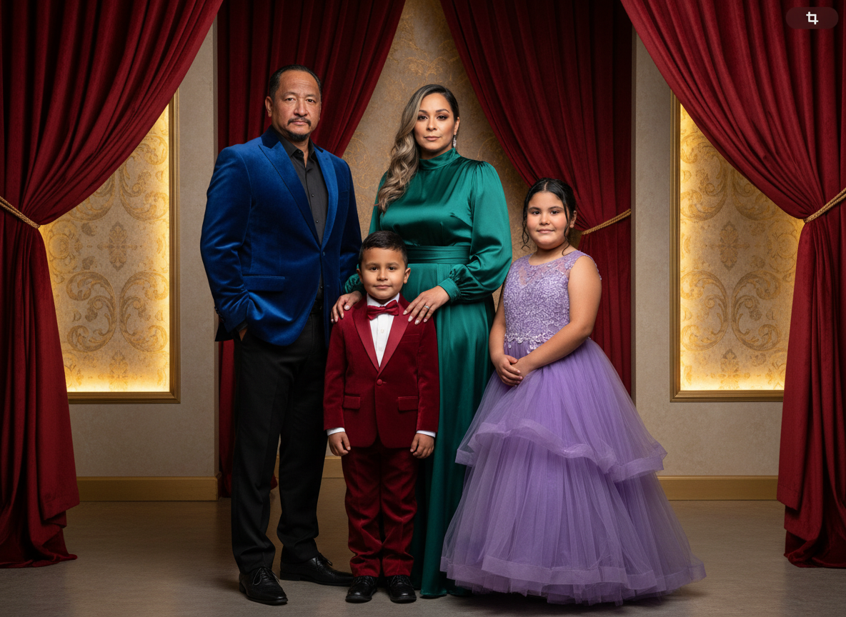 A family of five stands together in front of red curtains. The father is wearing a blue blazer and black pants, and the mother is dressed in a green gown. The boy in front is dressed in a red tuxedo, and the girl beside him is wearing a purple dress.