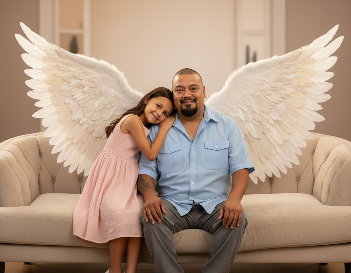 A man with angel wings sitting on a beige couch with a young girl leaning her head on his shoulder.