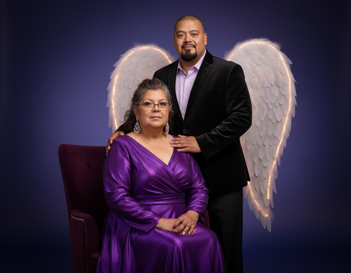A man and woman with angel wings, posing for a portrait against a dark background. The woman is seated in a purple dress, wearing glasses and earrings. The man stands behind her with his hand on her shoulder, dressed in a black suit with a light purp