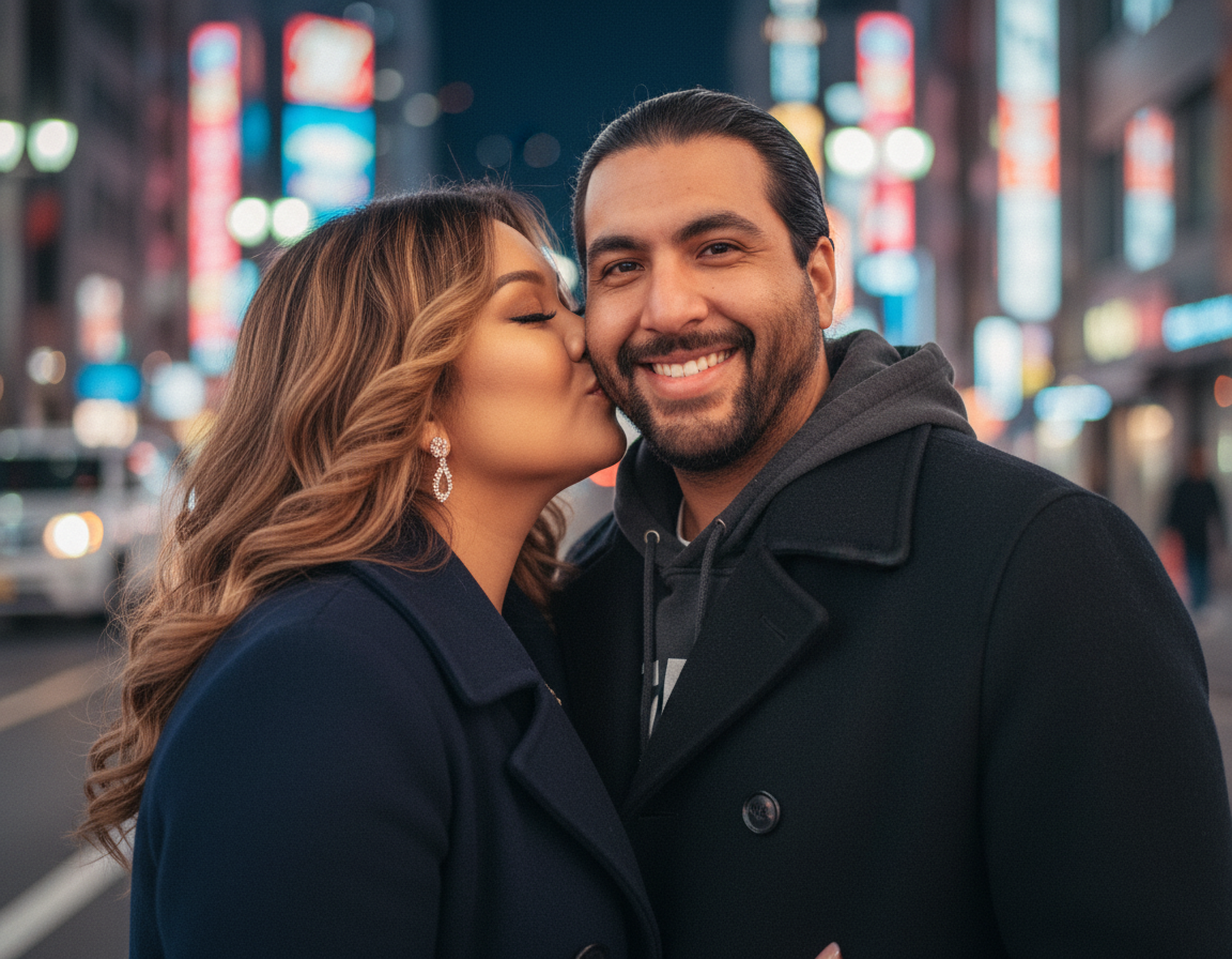 A woman is kissing a man on the cheek in a city at night, with colorful neon lights in the background.