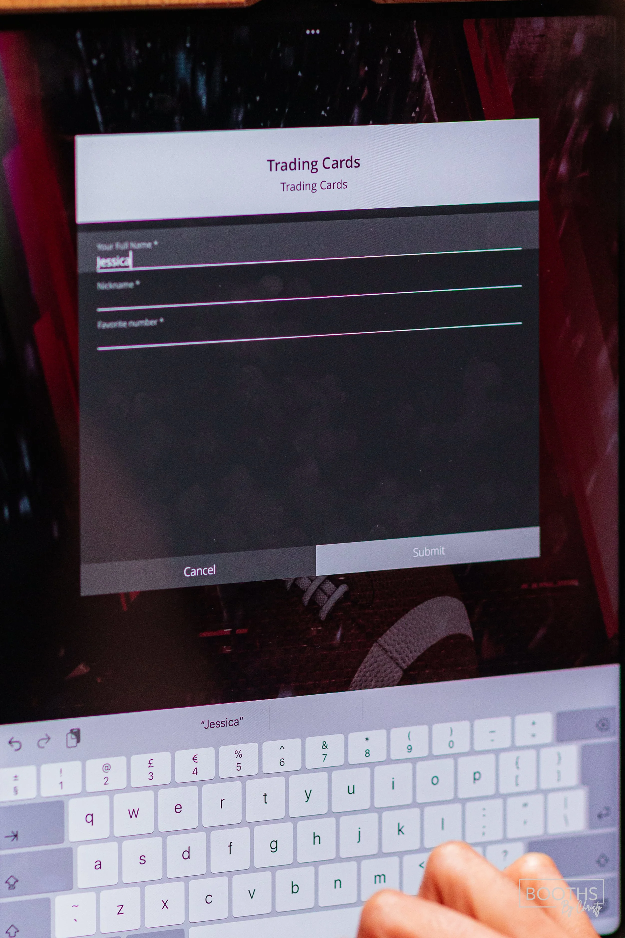 Person filling out a digital form to create a trading card, with fields for full name, nickname, and favorite number, on a touchscreen device.