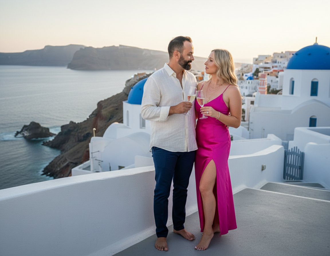 A couple in elegant clothing sharing a toast with champagne on a terrace overlooking the sea and white buildings in Santorini, Greece, during sunset.