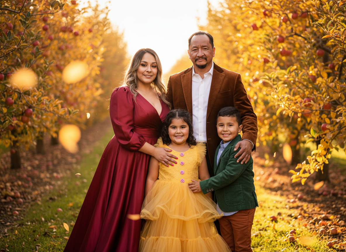 A family of four standing in an apple orchard during fall, smiling at the camera. The mother wears a red dress, the father a brown blazer, the girl a yellow dress, and the boy a green blazer.