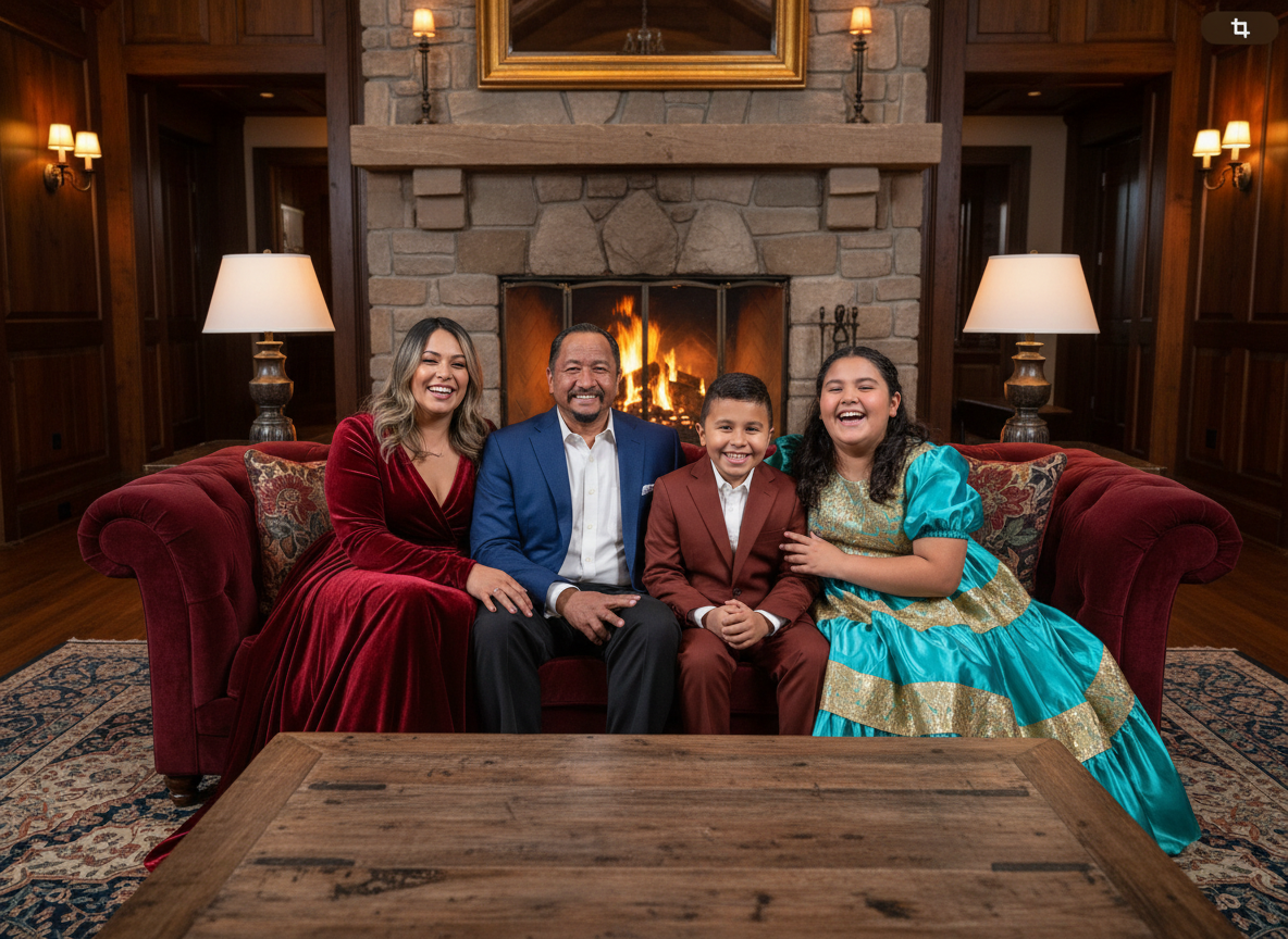 A family of four sits on a red velvet sofa in front of a stone fireplace with a fire burning. They are smiling and wearing colorful formal clothing. The room has wooden paneling, lamps, and a framed picture above the mantel.