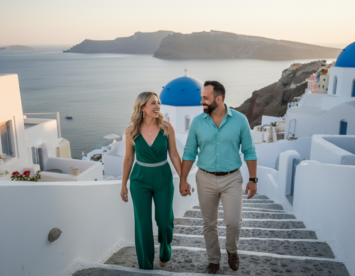 A couple walking hand in hand on stone steps in Santorini, Greece, with iconic white buildings and blue domes in the background overlooking the sea at sunset.