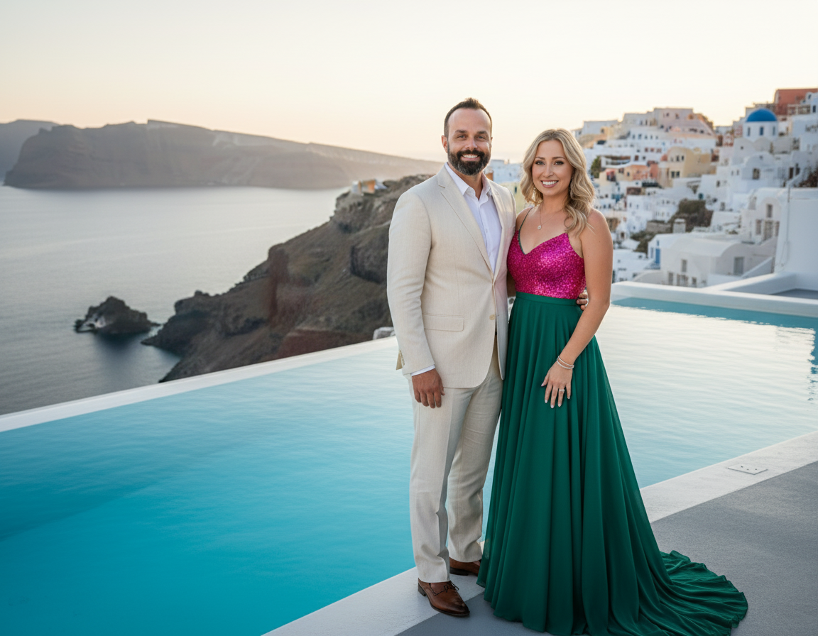 A happy couple standing together by an infinity pool overlooking a seaside landscape with white buildings and cliffs, at sunset.