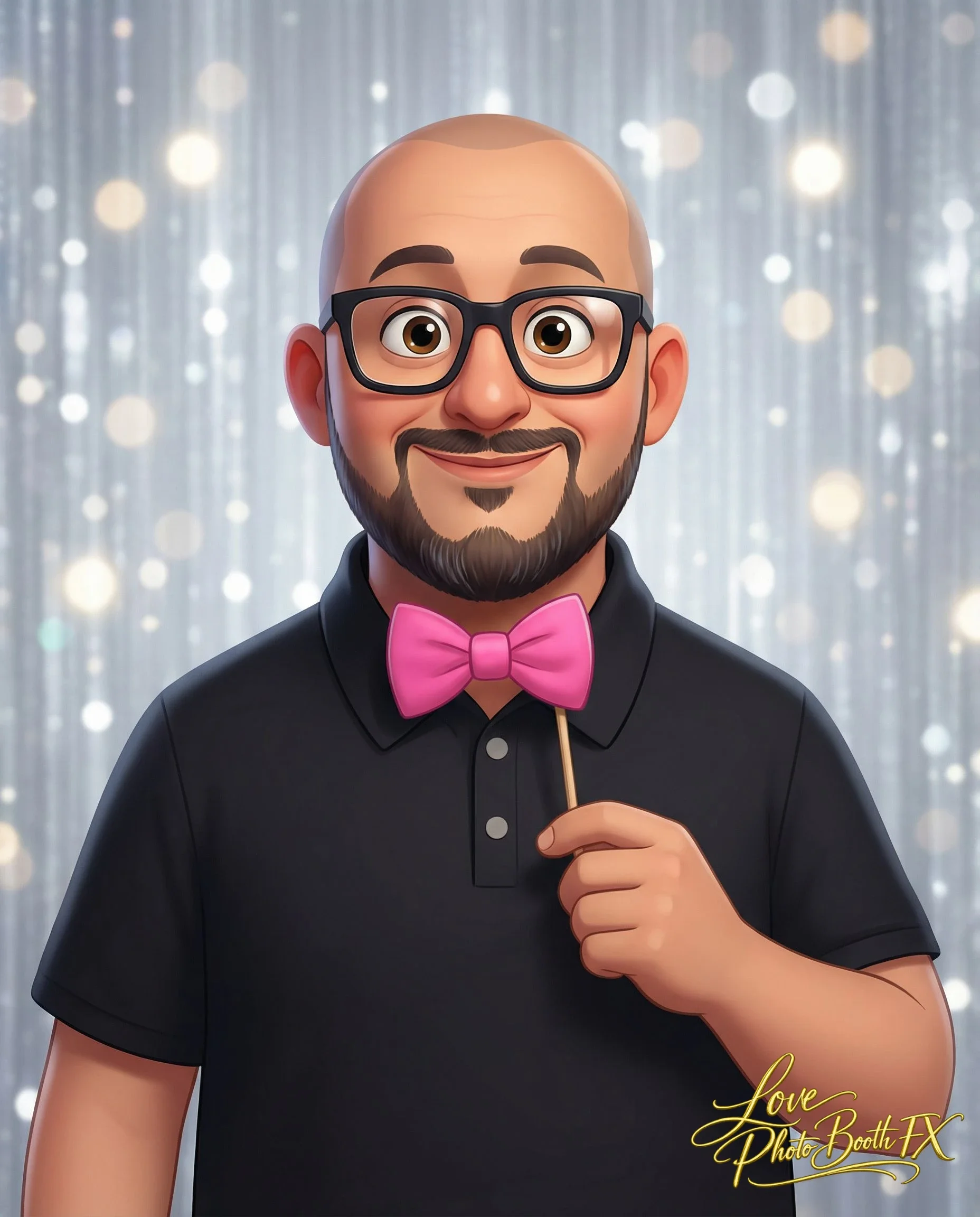Cartoon man with glasses, beard, and bald head, smiling and holding pink bow tie on a stick, against a sparkly silver background.
