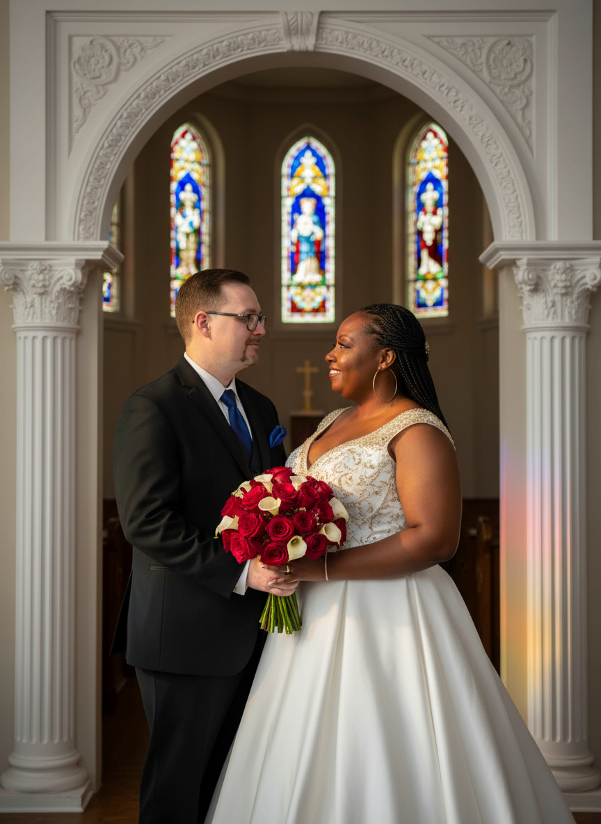 A bride and groom in a church, facing each other, with the bride holding a bouquet of red and white roses. The church features stained glass windows and white ornate columns.