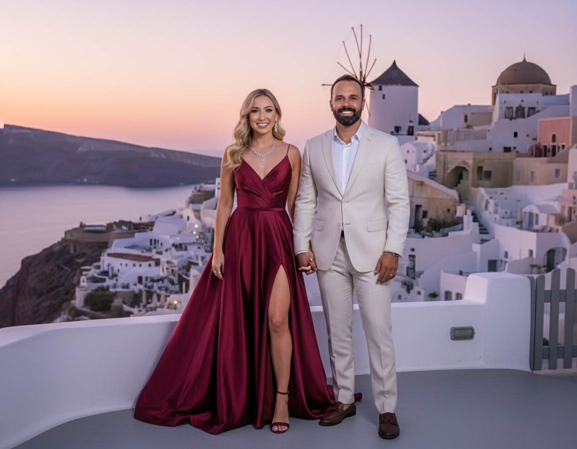 A happy couple holding hands and smiling at sunset on a balcony overlooking the white buildings of Santorini, Greece, with a windmill in the background.