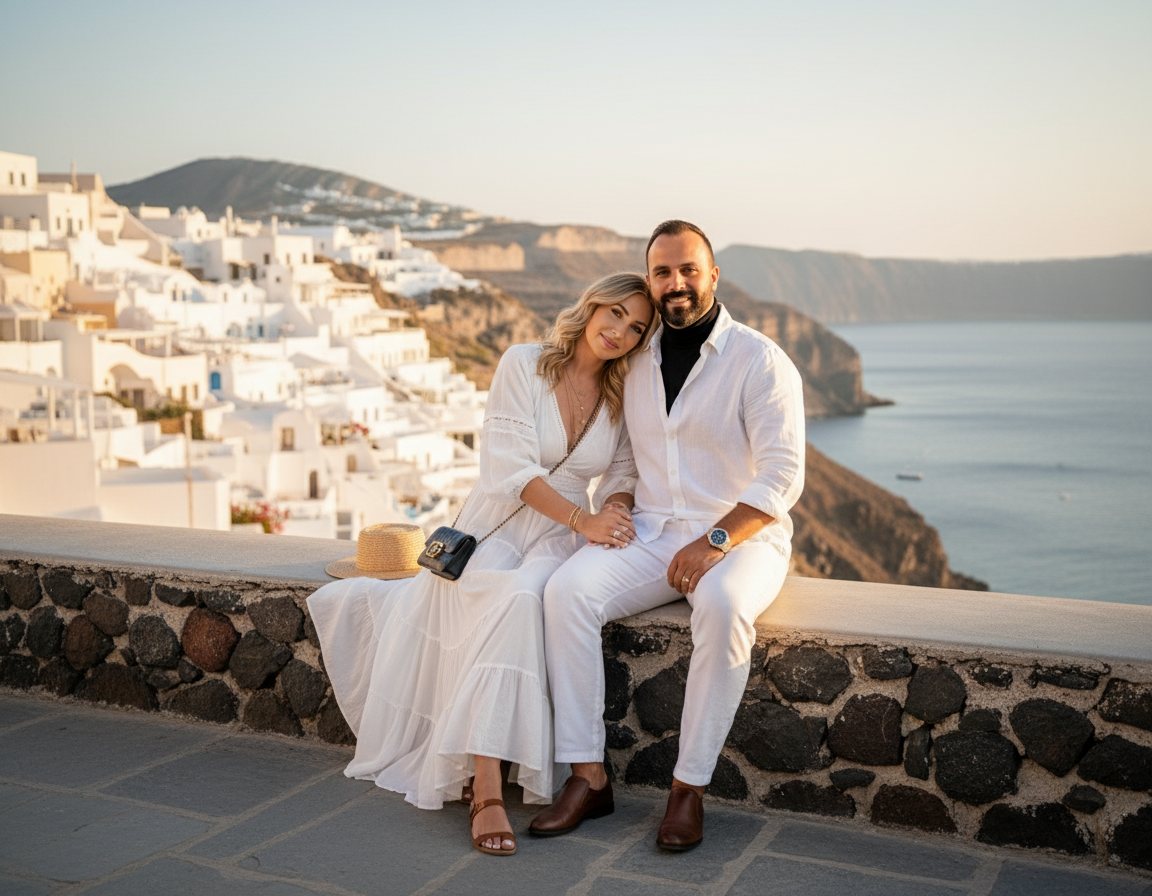 A couple sits on a stone wall overlooking the sea and white buildings on the hillside in Santorini, Greece, during sunset.