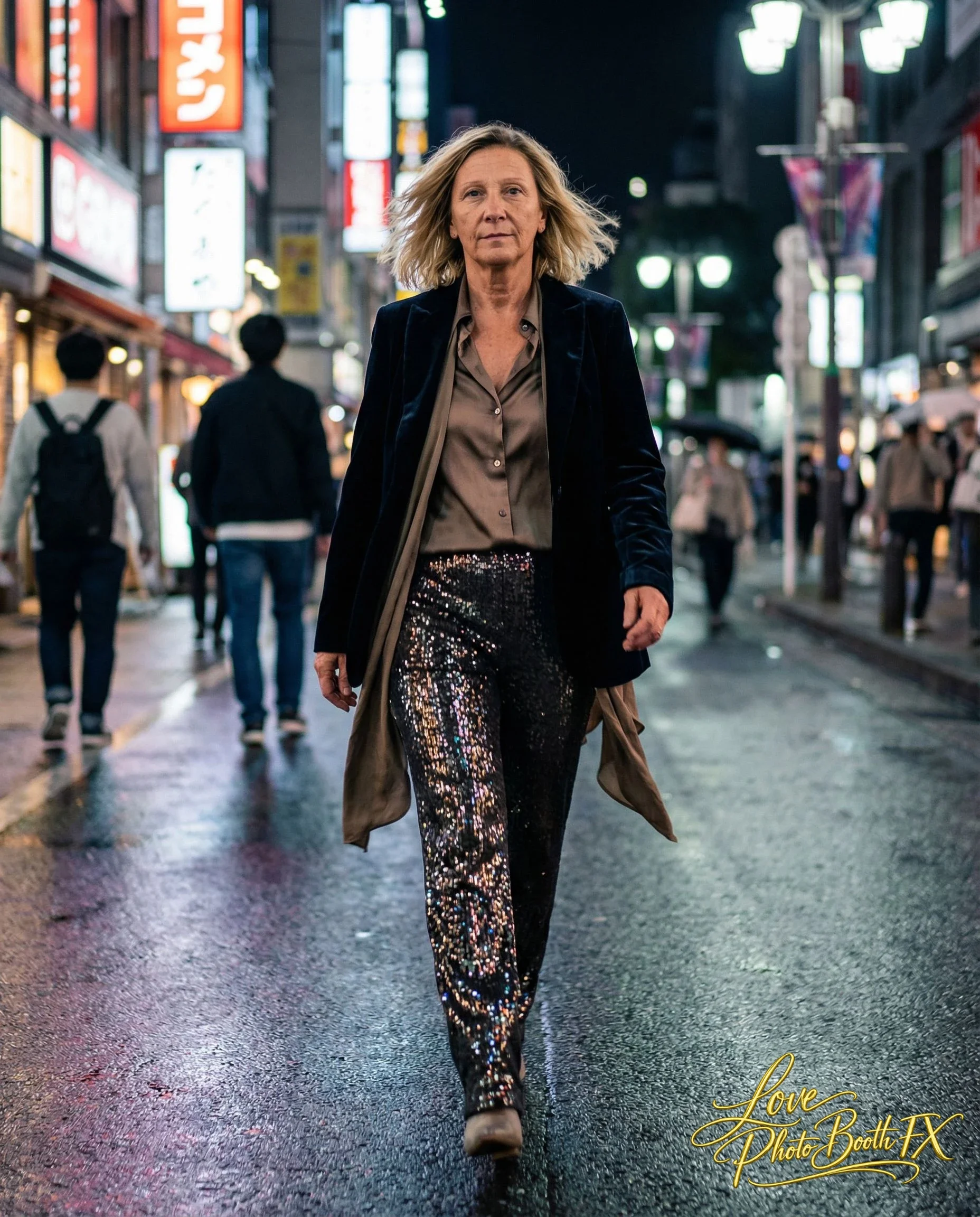A woman walking down a city street at night, with illuminated signs and storefronts in the background. The woman has blonde hair, wears a dark blazer, a beige shirt, and shiny, sequin-covered pants.