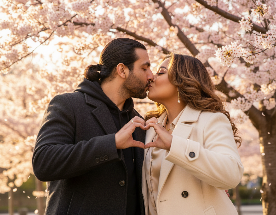 A couple is kissing outdoors among blooming cherry blossom trees, forming a heart shape with their hands.